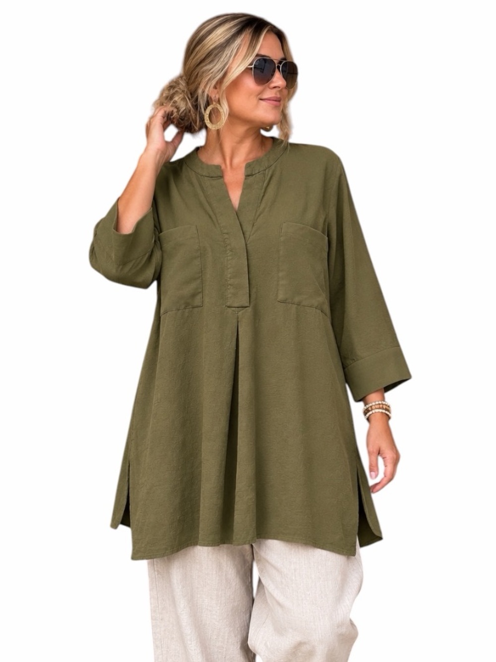 Anne Klein XL Green Linen Mixed Media Oversized Tunic Lagenlook Coastal Grandma